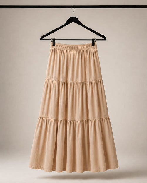 BEIGE SILK TIERED MAXI