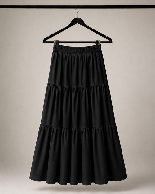 BLACK SILK TIERED MAXI