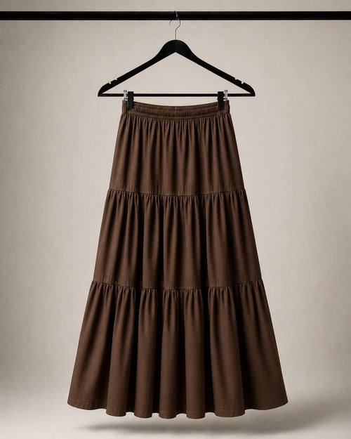 BROWN SILK TIERED MAXI